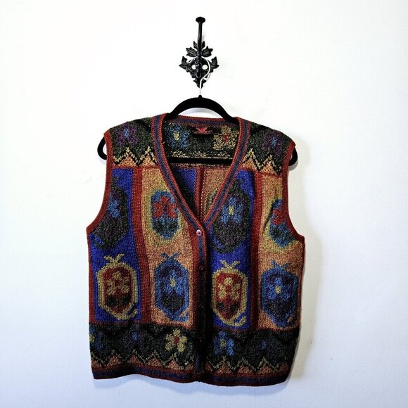 Bolivia Sweater Vest M/L 100% Alpaca Button Handloomed Heritage Boho Floral - Picture 1 of 5